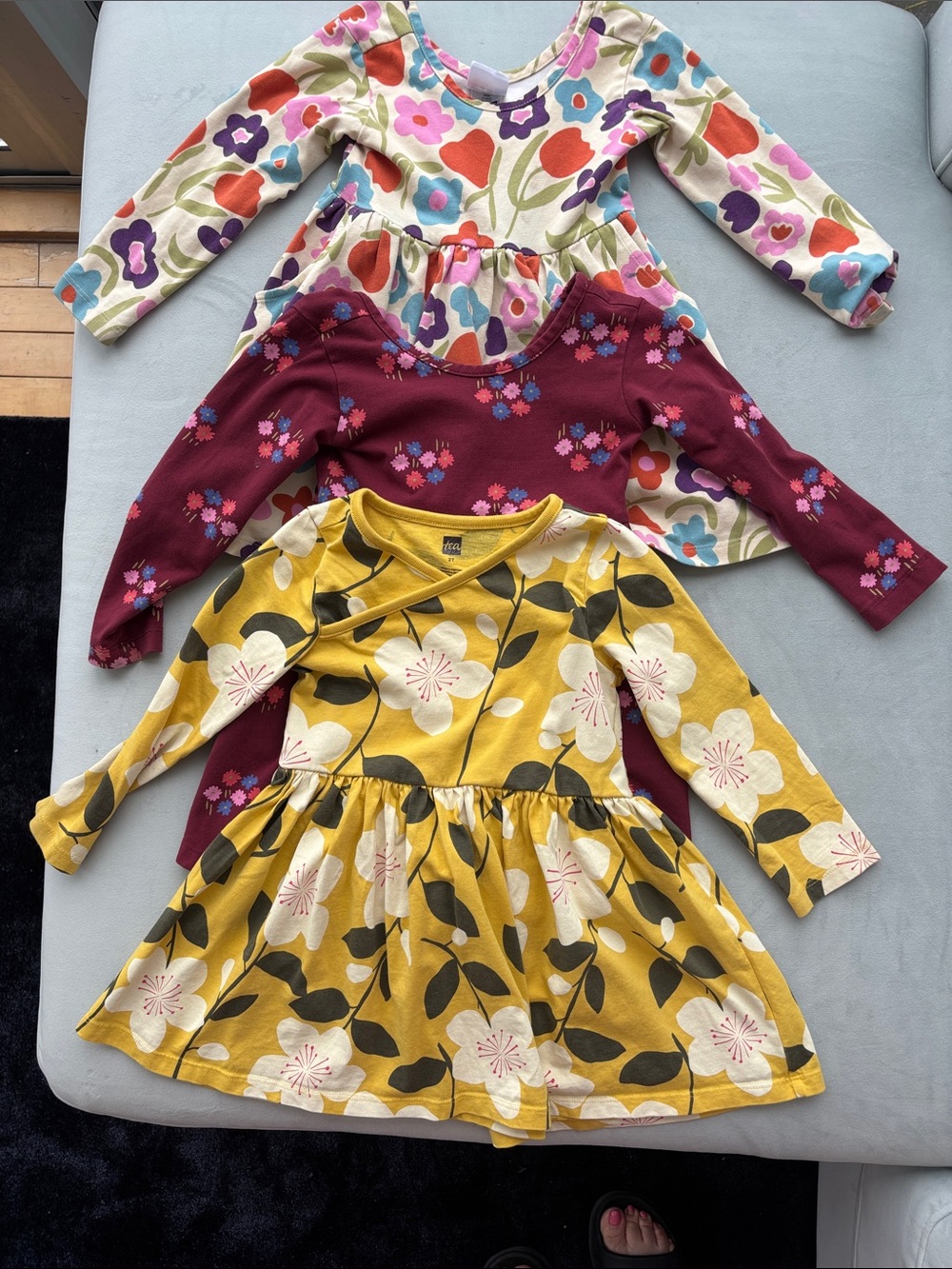 Hanna Andersson Girls Floral Long-Sleeve Dresses - Cream, Burgundy & Mustard
